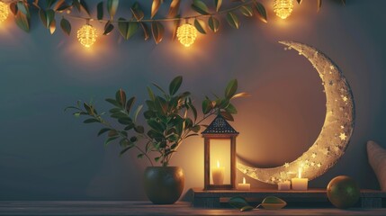 close up view of 3D Crescent Moon Decorated With lights Lit Flower Garlands, Lit Candles, Lanterns, Potted Plants On Large Table For Islamic Festival Concept. Ai is generated
