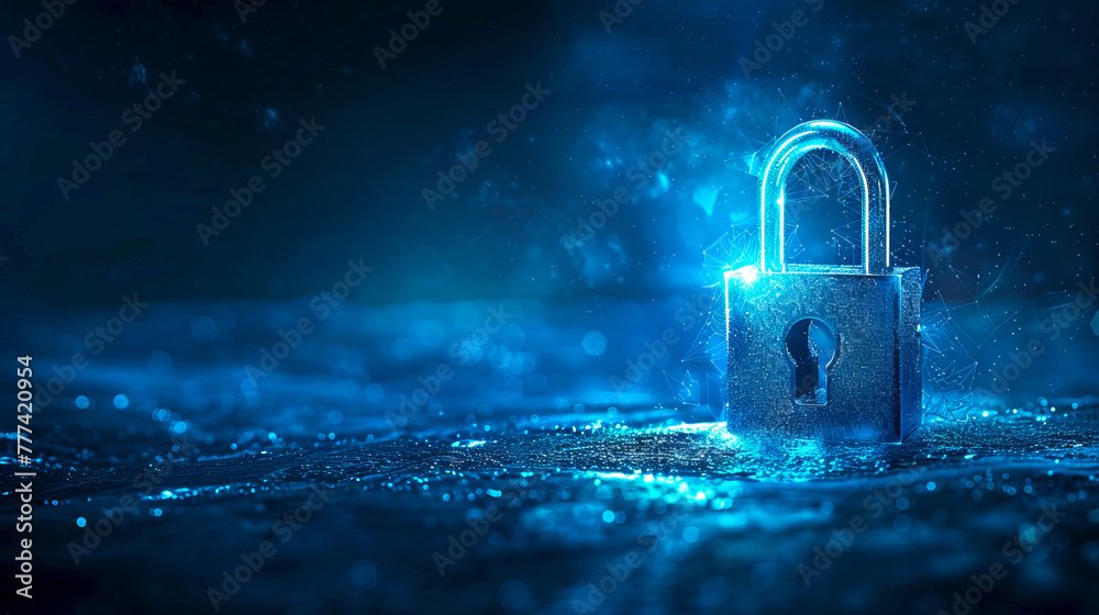 Poster A glowing padlock on a dark, sparkling background, representing digital security concept. Generative AI