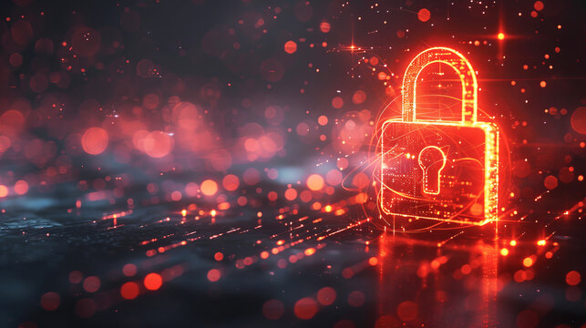 A glowing digital padlock symbolizing cybersecurity, set against a dynamic red bokeh background, depicting the concept of digital security. Generative AI - Powered by Adobe