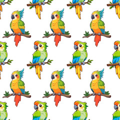 Seamless pattern with cute brightly colored parrot on a branch
