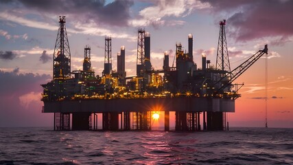 Industrial process illuminated by vibrant sunset on oil platform in Northern European seas. Concept Sunset Photography, Industrial Setting, Vibrant Colors, Oil Platform, Northern European Seas - obrazy, fototapety, plakaty