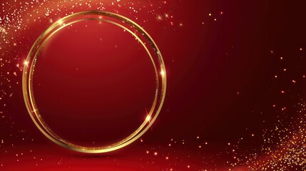 Illustration of golden circle frame on red background with sparkling lighting effect with copy space. Ai generated