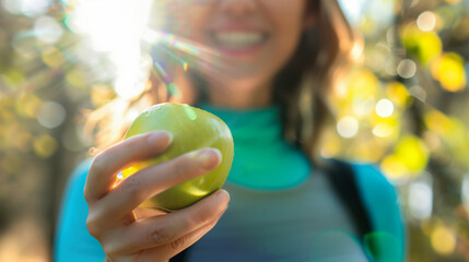 A healthy woman holding a green apple in her hand