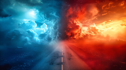 A road with two different colored skies on either side blue and red good and evil