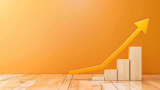 Vibrant orange abstract arrow symbolizing growth, success, and progress against a captivating blue bokeh background with copy space. Generative AI