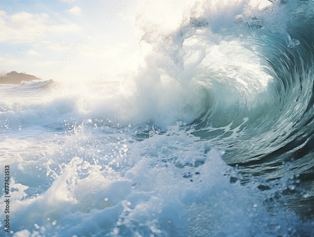 Poster a powerful wave curling with frothy ocean water, natural light, concept of nature's force, generativ