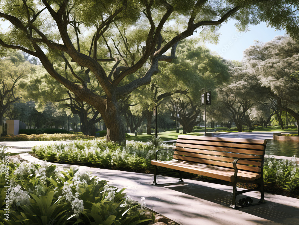 Poster a peaceful park scene with a bench under a tree canopy, lush greenery, and path on a sunny day, symb
