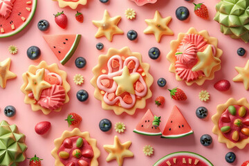 Assortment of Fruit Pastries on Pink Background with Watermelon, Strawberry, and Blueberry