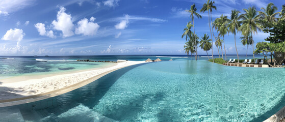 A panoramic view of the turquoise lagoon pool at An Rendering paradise in Maldives, overlooking...
