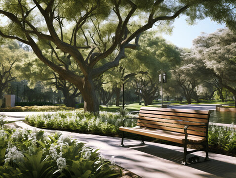 A peaceful park scene with a bench under a tree canopy, lush greenery, and path on a sunny day, symbolizing relaxation. Generative AI
