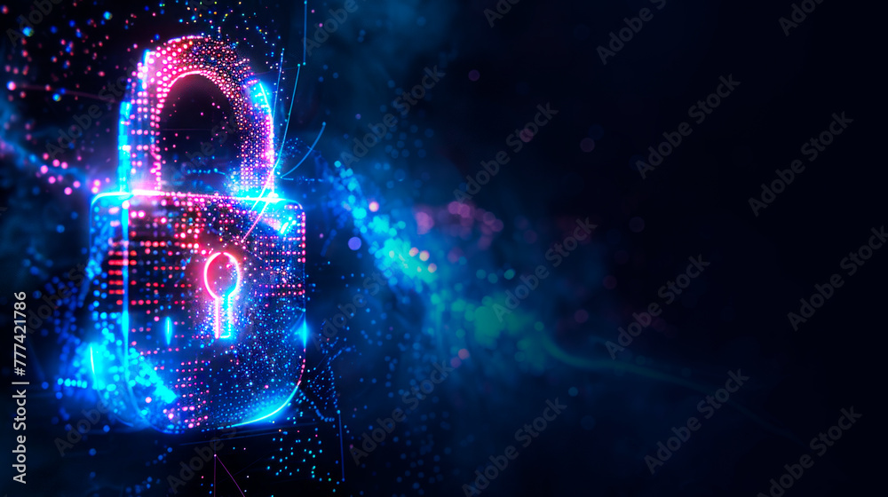 Poster a digital padlock composed of glowing particles on a bokeh light background, symbolizing cybersecuri