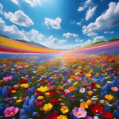 Beautiful spring meadow with colorful flowers and blue sky with clouds generated by ai