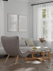 Frame mockup, interior frame, poster wood frame element and living room cozy in empty picture interior sofa and table wooden floor There in illustration 3d rendering.