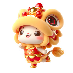 Obraz premium Cute character 3D image concept art of a cute lion dancing. Lunar new year Red and yellow color scheme, minimalist white background isolated PNG