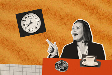Composite photo collage of young happy girl secretary lunch break point finger watch canteen cup break isolated on painted background