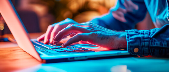 Close-up of hands typing on a laptop keyboard with a colorful neon light effect, set against a blurred background, concept of modern technology. Generative AI