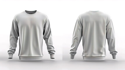 3D realistic image of a plain white long sleeve t-shirt front view and back view on white background.