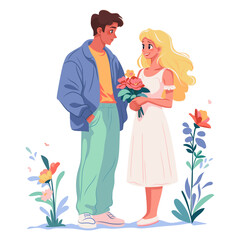 Cheerful boy gives flower to sweet blond girl. First love concept. Vector flat illustration