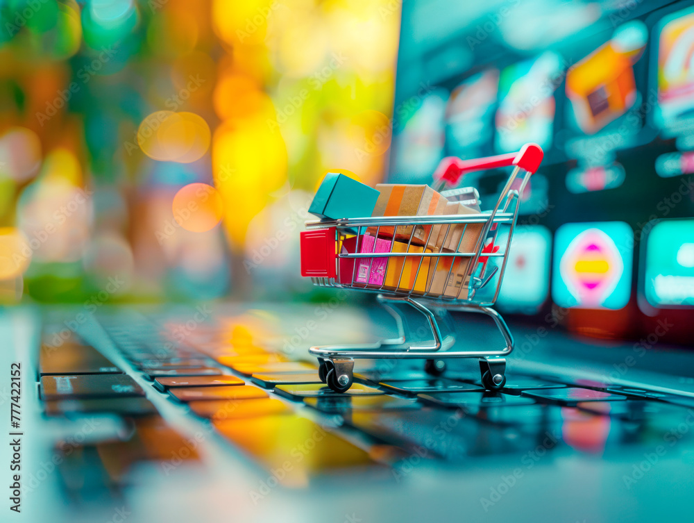 Aufkleber a small shopping cart with boxes on a laptop keyboard, blurred colorful background, online shopping 