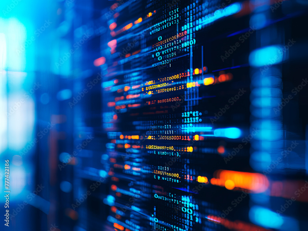 Poster close-up of server panels with glowing blue lights, symbolizing data processing and technology on a 