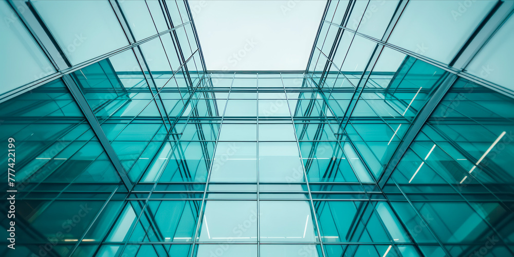 Poster low-angle view of a modern glass building facade, reflecting the sky on a clear day, demonstrating a