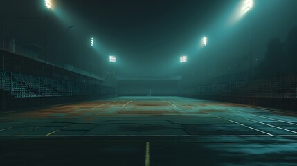 an AI-generated image of a sports ground after a major event, with the spotlight on the silent stands and the residual glow of flashlights, conveying a sense of post-game emptiness attractive look - obrazy, fototapety, plakaty
