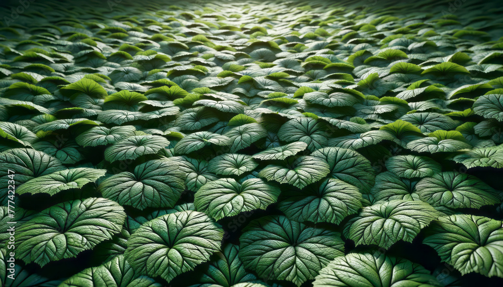 Poster Vast field of vibrant green leaves under a soft light. Nature pattern concept. Generative AI