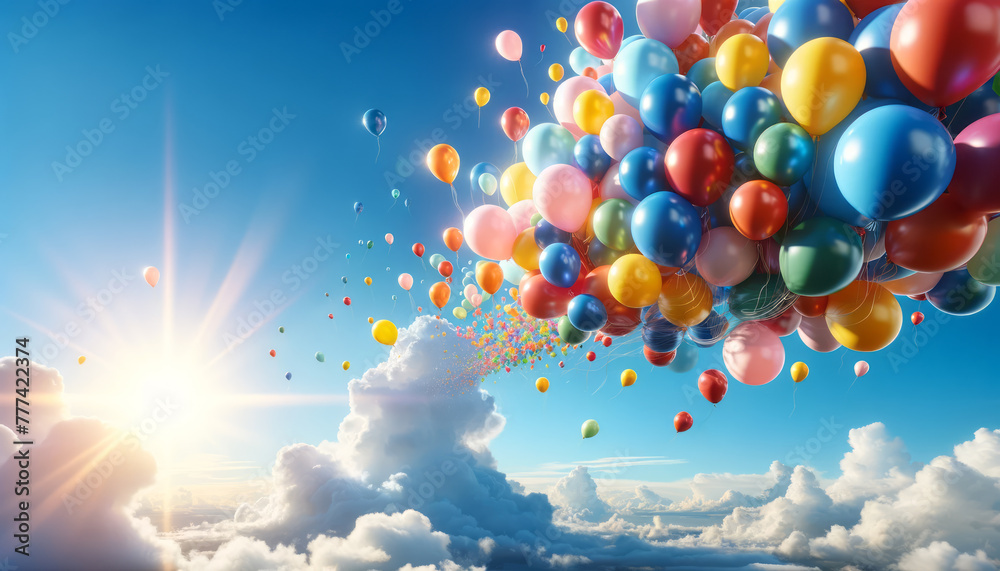 Poster balloons bursting through clouds into the sunlight, depicting freedom and joy. generative ai