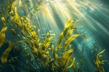 Fototapeta na wymiar KSseaweed with yellow leaves in an underwater environmen