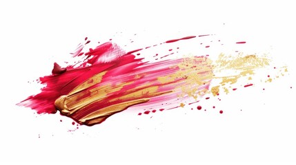 Illustration with brush strokes in red, pink, and gold on white background, paint smear, cosmetic splash clipart, artistic design element