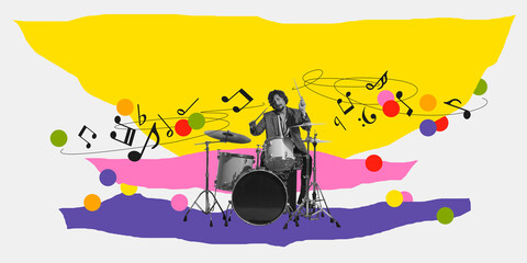 Monochrome image of talented man playin drums on white background with abstract colorful elements....