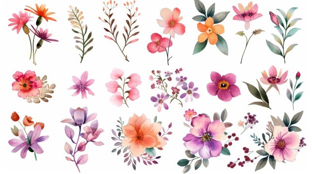 A set of watercolor flowers, leaves, and branches isolated on white. Sketched colorful wreaths, groups, and garland for romantic wedding, valentine's day design. Handdrawn modern imitation of