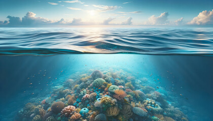 Serene sunset underwater scene with sun glow over tranquil ocean. Peaceful marine concept....