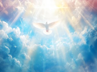 Holy Spirit dove is flying in clear blue sky, beautiful sun rays shine around.