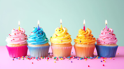 Assortment of festive cupcakes with bright candles on teal background, party atmosphere. Generative AI