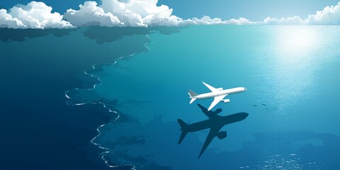 Naklejka premium White plane flies over water among clouds, casting shadow.