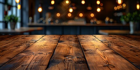 Modern cozy restaurant with lights, blurred background with wooden table for product and text placement. - obrazy, fototapety, plakaty
