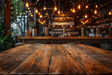 Modern cozy restaurant with lights, blurred background with wooden table for product and text placement.