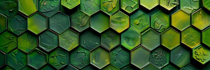 Green surface with hexagonal shapes, closeup. The image has a futuristic and abstract feel to it.