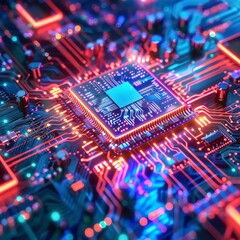 Obraz premium Closeup of a quantum computing chip, glowing circuits, under a cool, blue light, high detail,Expressionism