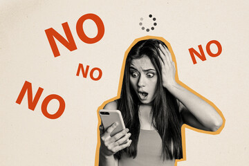 Composite sketch image artwork collage of silhouette shocked lady staring read in social media scandal fake news expression emotion