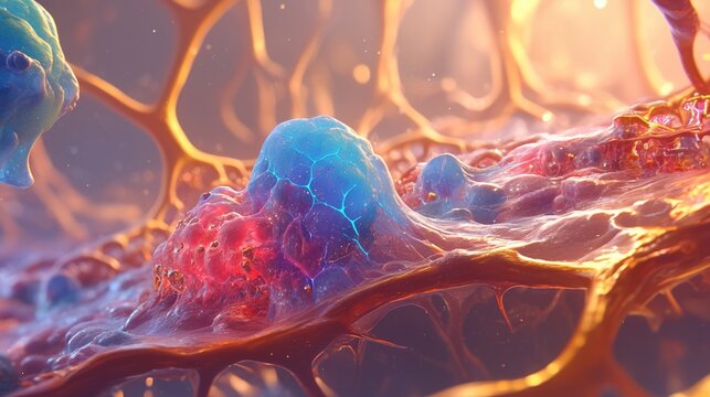 Closeup of Golgi apparatus sending vesicles to lysosome, vivid colors, studio lighting