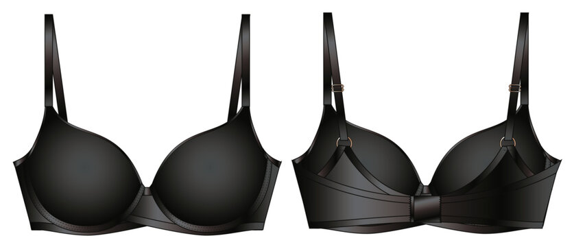 Satin Silk Cup Push up Bra technical illustration. Editable underwear flat fashion sketch bralette black