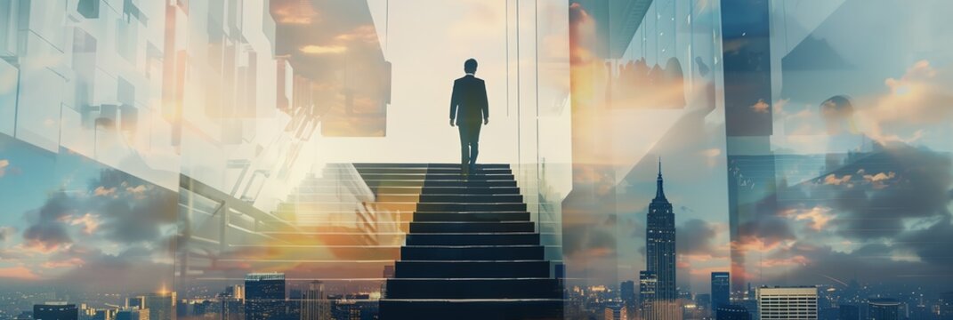 A man is walking up a staircase in a city. The image is a reflection of the city below, with the man's reflection visible on the stairs. Scene is one of ambition and determination.