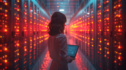 3D Graphics Concept: Big Data Center Female Chief Technology Officer Using Laptop Standing In Warehouse, Activates Servers, Information Digitalization Starts. SAAS, Cloud Computing, Web Service.