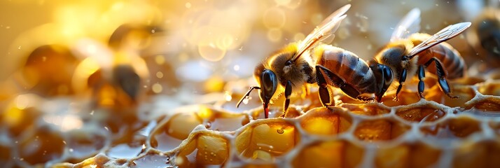 Three bees are on a honeycomb - obrazy, fototapety, plakaty