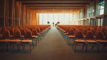 Rows of empty chairs await business seminar. Modern conference room interior. Corporate meeting space.