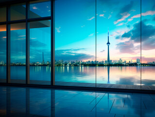 Modern room with a reflective floor and panoramic windows showcasing a vibrant cityscape at twilight. Generative AI