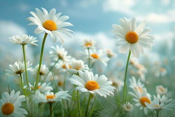 Fototapeta premium Daisies On Field - Abstract Spring Landscape blur background