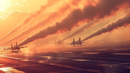 a dynamic scene of a formation of fighter jets performing an aerobatic display above an airport runway, with smoke trails and precision attractive look - obrazy, fototapety, plakaty